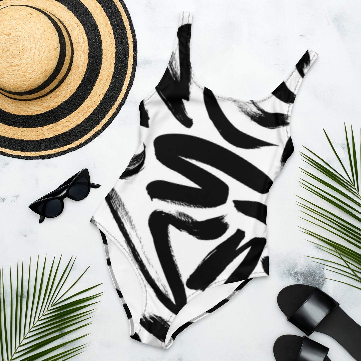 Luxe Soulstar B&W Brushstrokes One-Piece Swimsuit