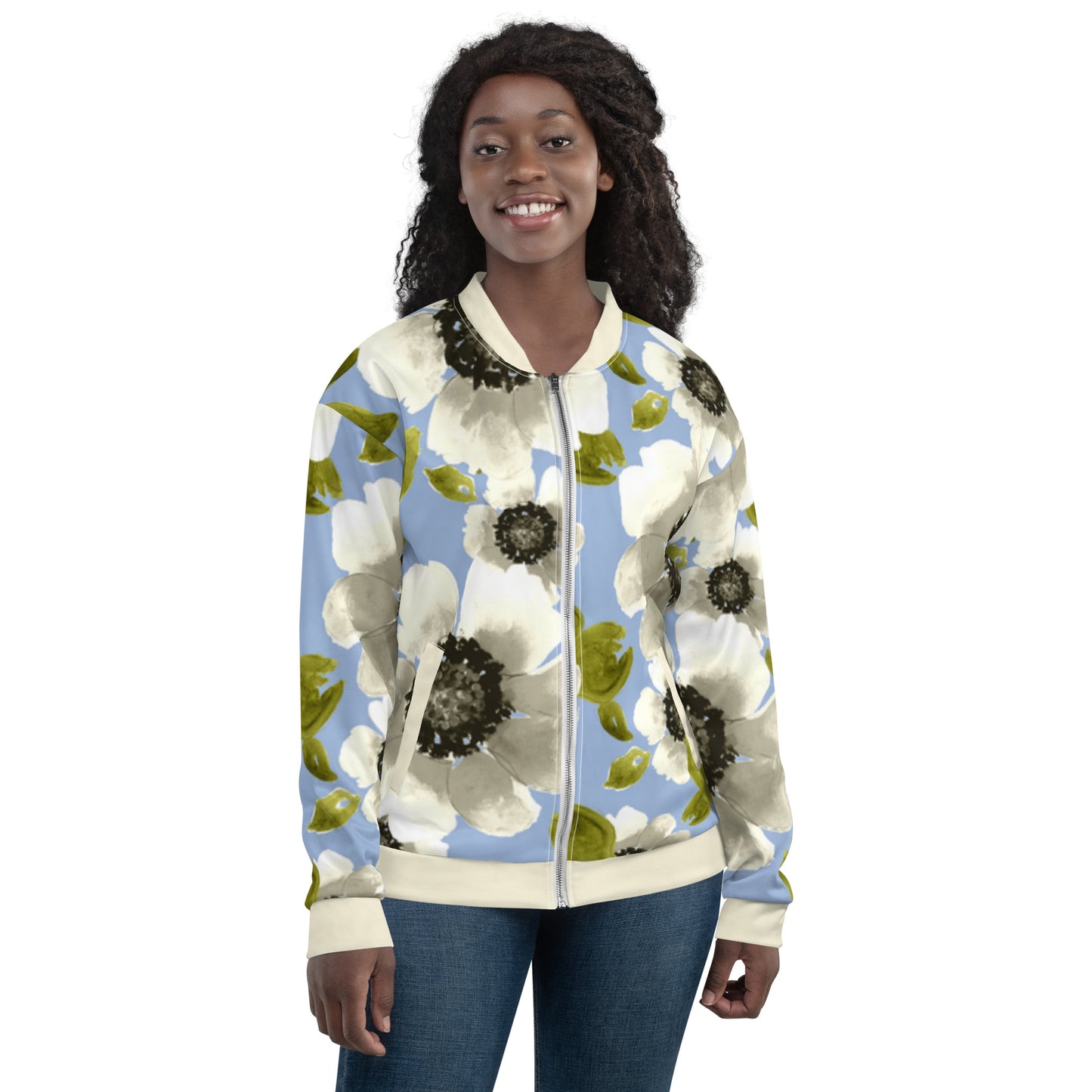 Luxe Soulstar White Floral Unisex Bomber Jacket